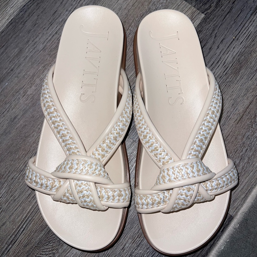 Eric Javits Cream Criss-Cross Sandals with Rhinestone Embellishments